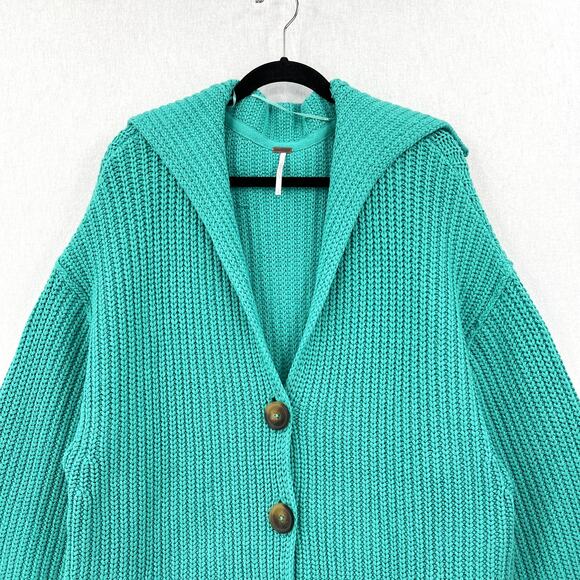 FREE PEOPLE Swim Too Deep Oversized Cardigan Womens S Turquoise Collared Button - Picture 5 of 16